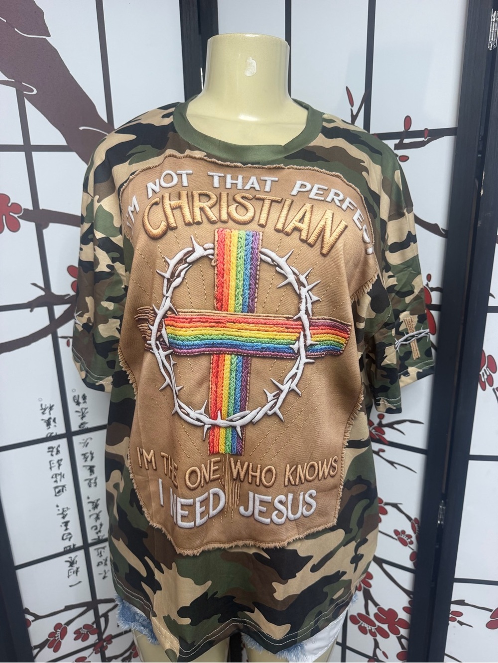 Camo Short Sleeve Tee with Rainbow Cross Graphic - Brown/Green